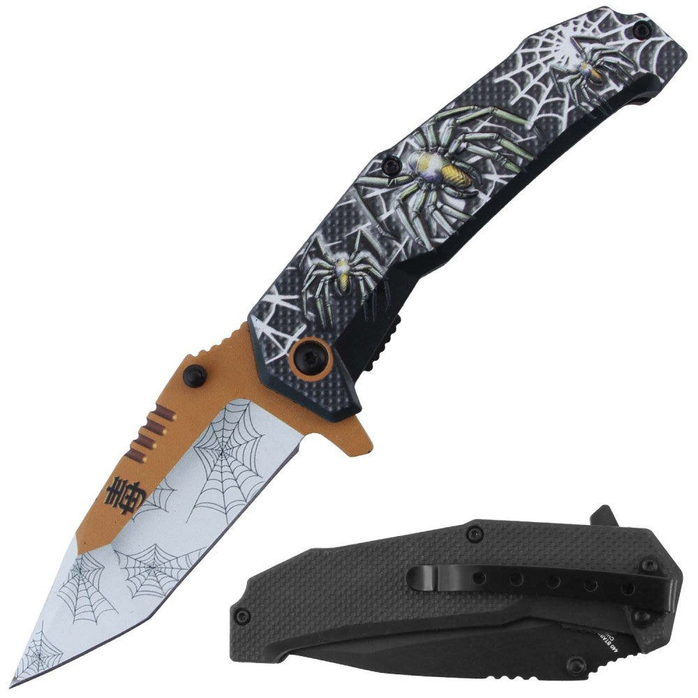 RT 7383-YL 4.5" Yellow Black Spider Design Assist-Open Folding Knife with Belt Clip