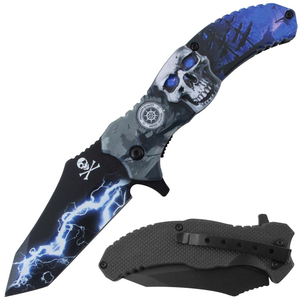 Rex Distributor Blue Lightning Skull 3D print spring assisted tactical folding knife with belt clip and open assist mechanism.