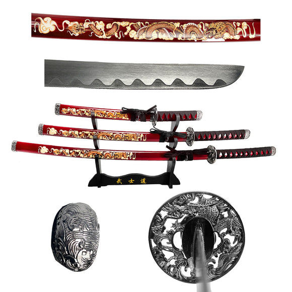 SWSA 124-BDDG Traditional Three Tier Japanese Samurai Katana Set - Red and Black