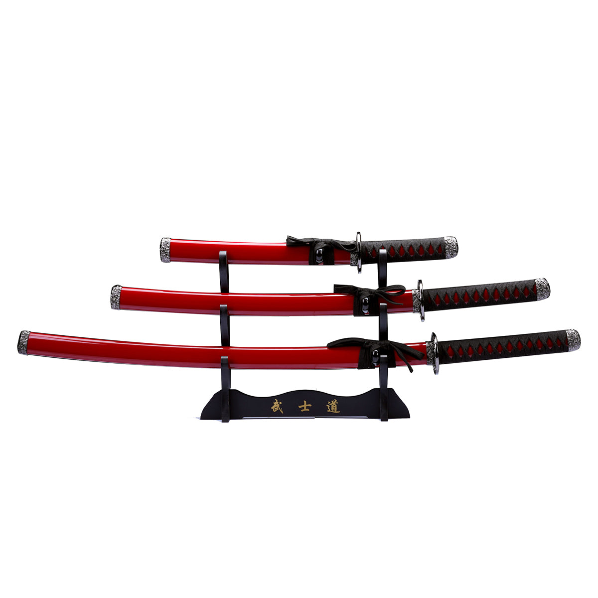 Rex Distributor SWSA 124-BD 3-piece samurai sword set with katana, wakizashi, and tanto in burgundy, displayed together.