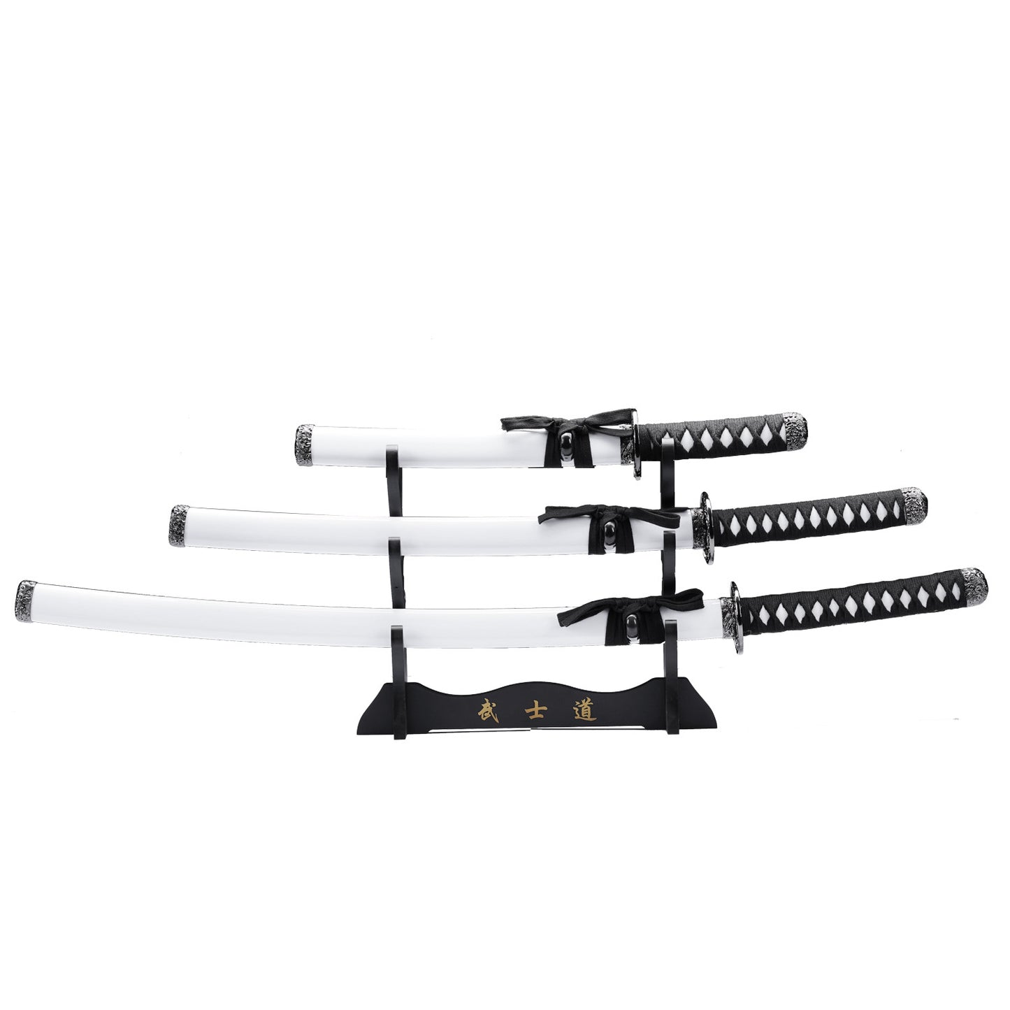 Set of three white samurai swords including katana, wakizashi, and tanto from Rex Distributor, Inc.
