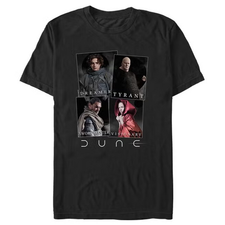 A black short-sleeve crewneck t-shirt featuring a graphic print of characters from the movie Dune: Part Two. The graphic shows four character panels with text reading 'DE BARRA TYRANT' and 'DUNE' printed below in white.