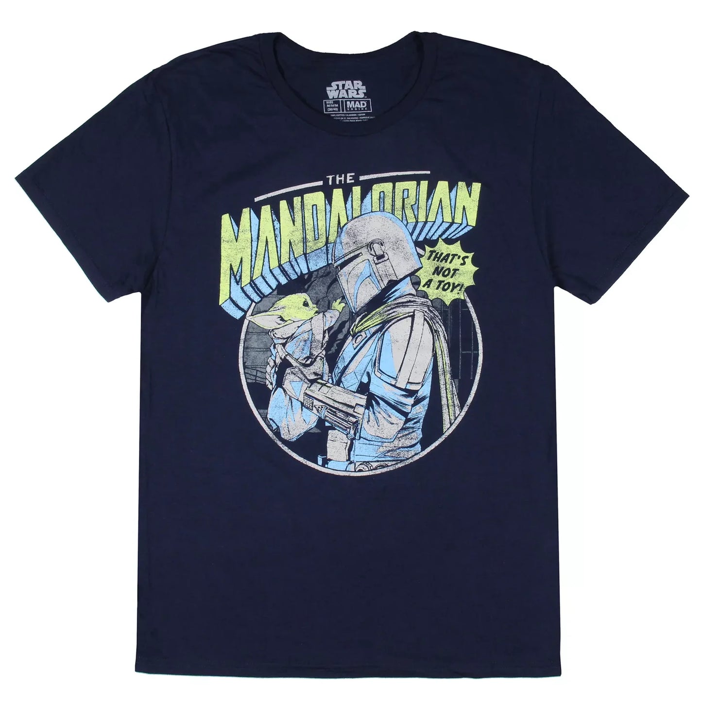 Men's Star Wars Mandalorian graphic T-shirt featuring Baby Yoda, distressed design, by Rex Distributor, Inc.