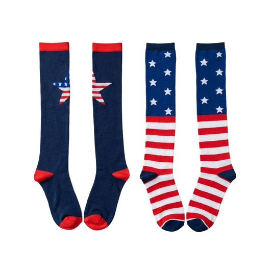 Pair of women's Bioworld knee-high socks featuring stars and American flag designs, size 4-10, shown in the image.
