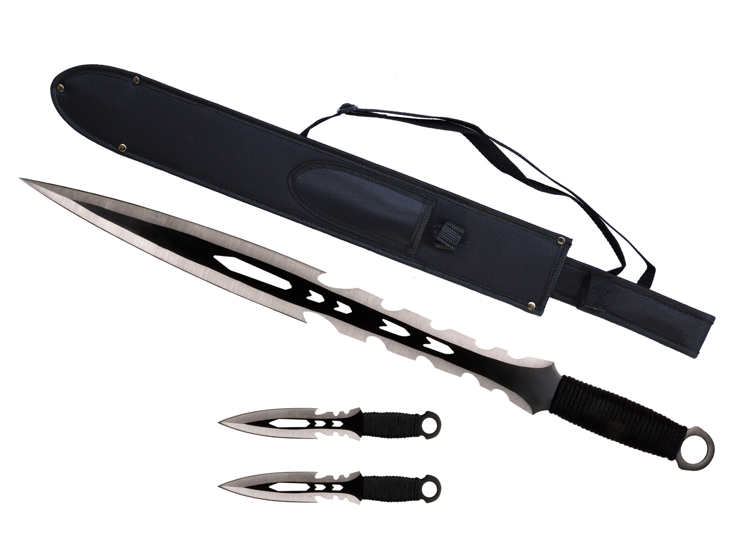 T 661084-BK 27″ Black Tactical Machete Sword w/ Two 7.5″ Throwing Knives - Rex Distributor, Inc. Wholesale Licensed Products and T-shirts, Sporting goods,
