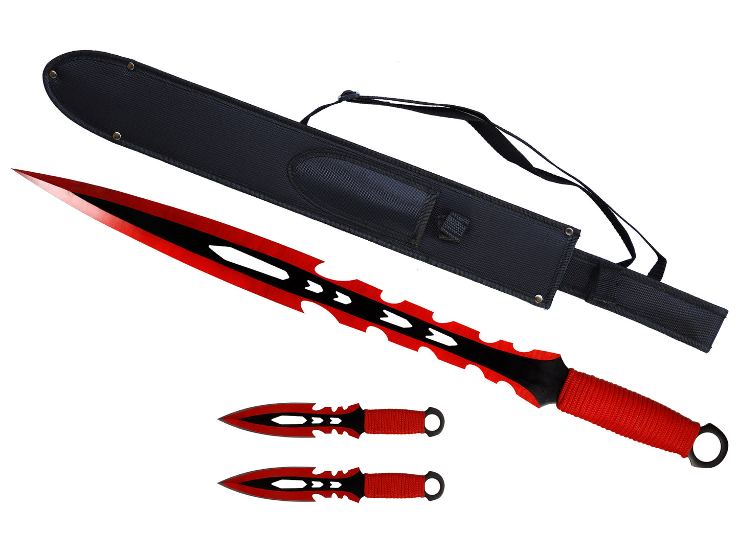 T 661084-RD 27″ Red Tactical Machete Sword w/ Two 7.5″ Throwing Knives - Rex Distributor, Inc. Wholesale Licensed Products and T-shirts, Sporting goods,