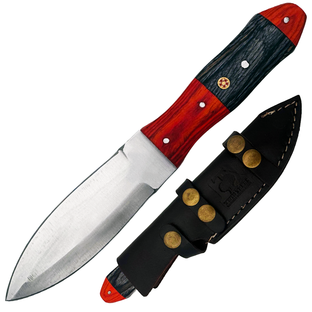 TT 103 4.25" Red & Black Wood Handle Fixed Blade Hunting Knife with Leather Sheath