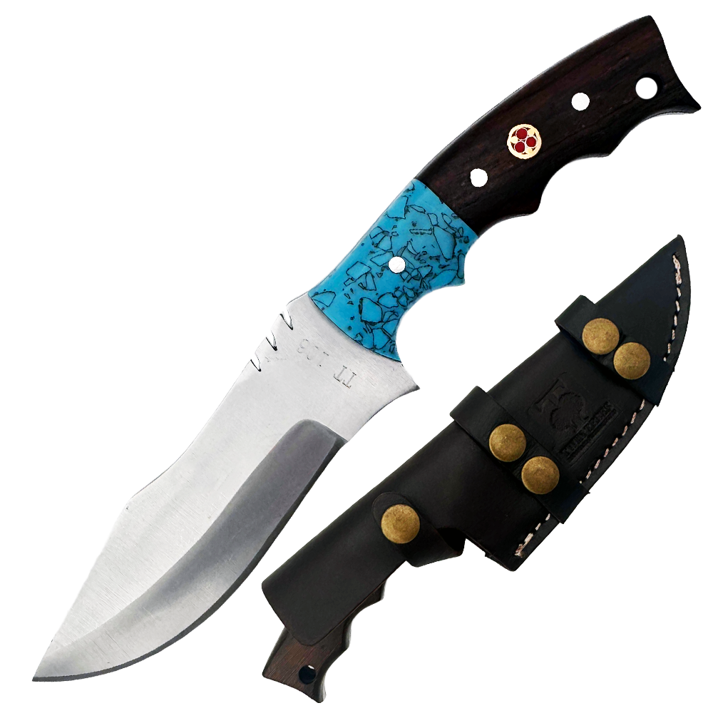TT 106 4.25" Blue Acrylic & Wood Handle Fixed Blade Hunting Knife with Leather Sheath