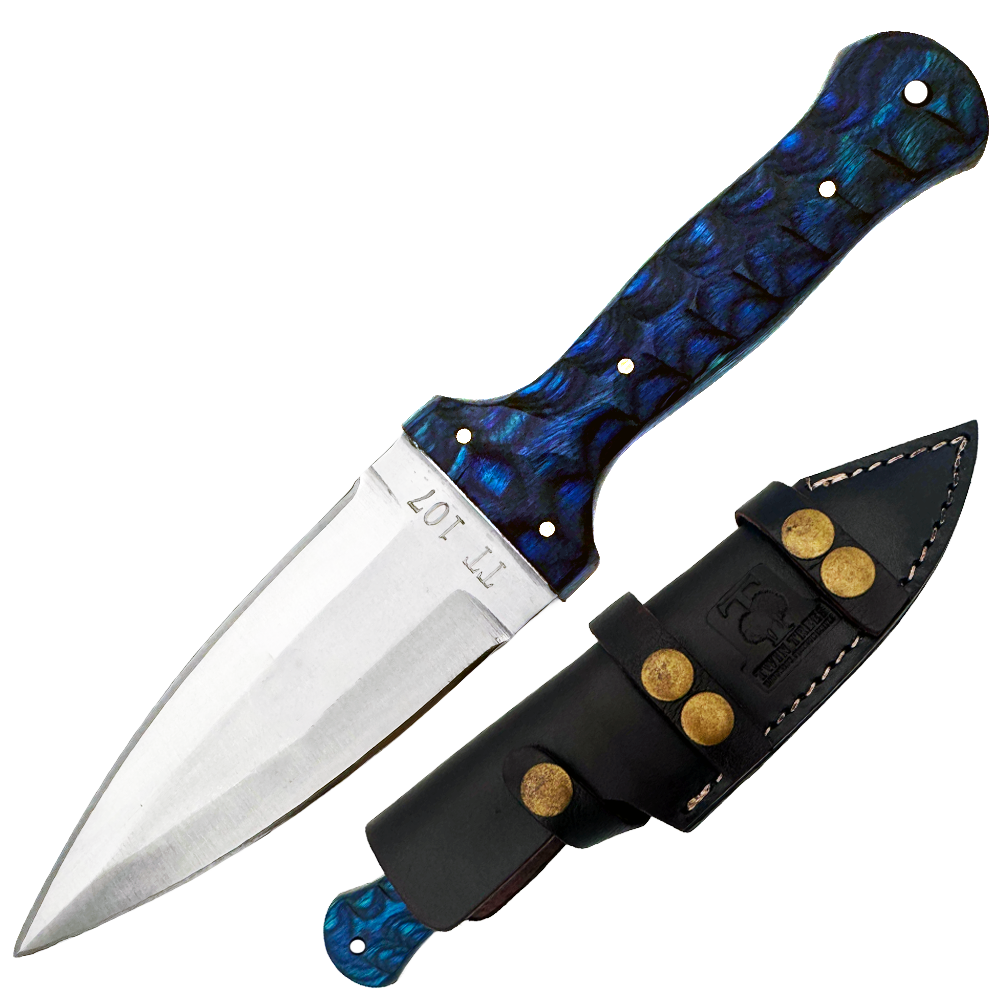 TT 107-BL 4.5" Blue Wood Handle Fixed Blade Hunting Knife with Leather Sheath
