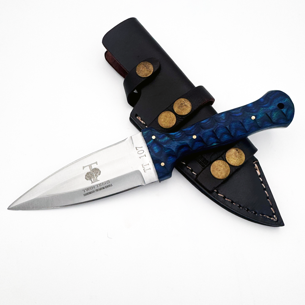 TT 107-BL 4.5" Twin Trees Blue Wood Handle Fixed Blade Hunting Knife with Leather Sheath