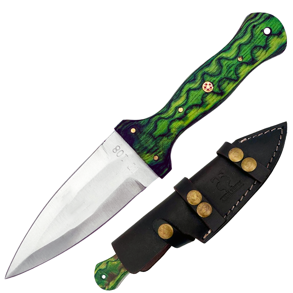 TT 108-GN 4.5" Green Wood Handle Fixed Blade Hunting Knife with Leather Sheath
