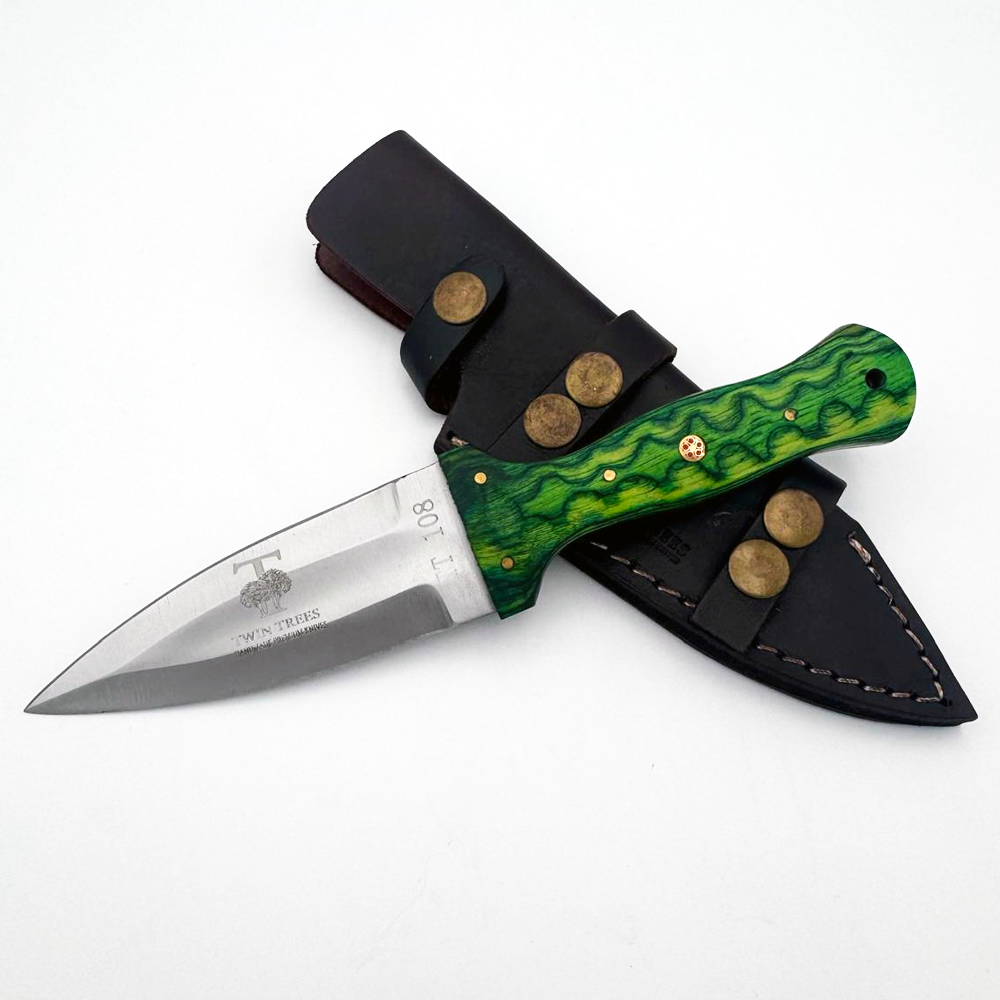 TT 108-GN 4.5" Twin Trees Green Wood Handle Fixed Blade Hunting Knife with Leather Sheath