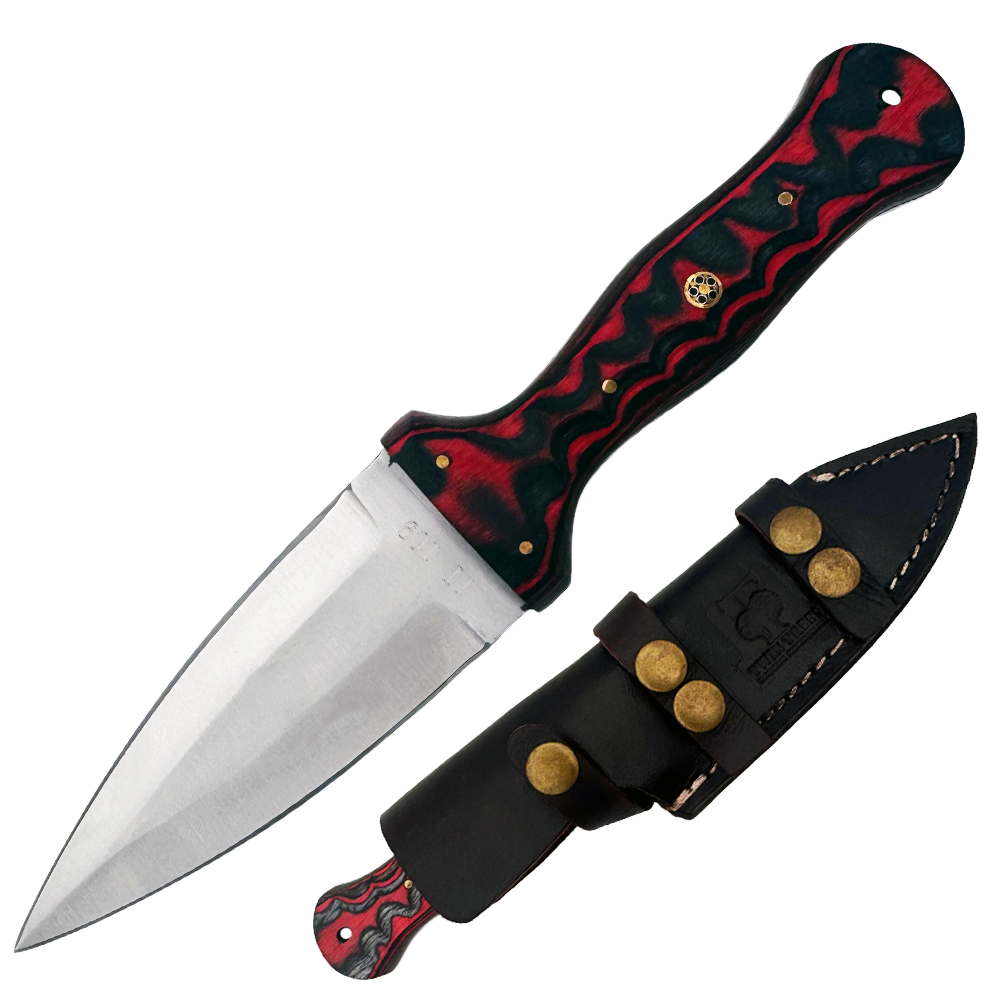 TT 109-RD 4.5" Red Wood Handle Fixed Blade Hunting Knife with Leather Sheath