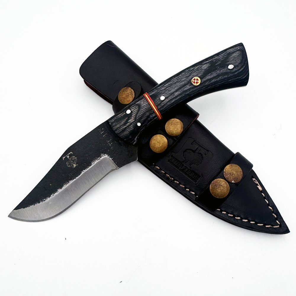 TT 113 5" Twin Tree Black Scale Black Wood Fixed Blade Hunting Knife with Leather Sheath