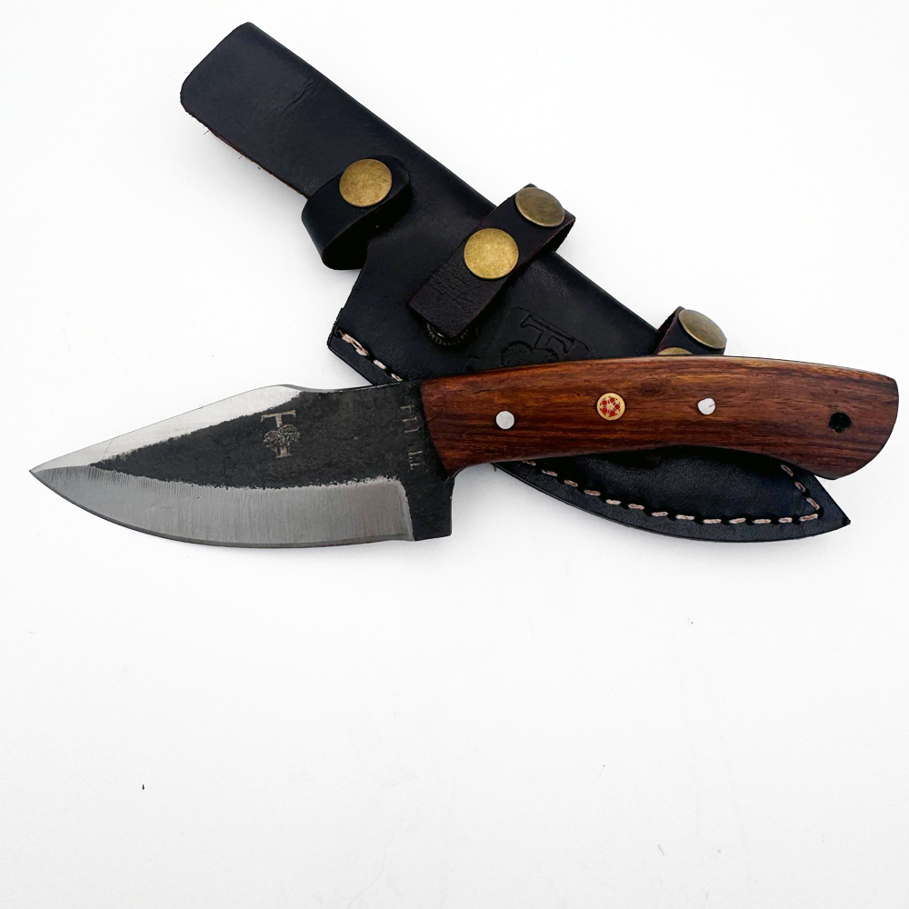 TT 114 4.55" Twin Tree Black Scale Wood Fixed Blade Hunting Knife with Leather Sheath