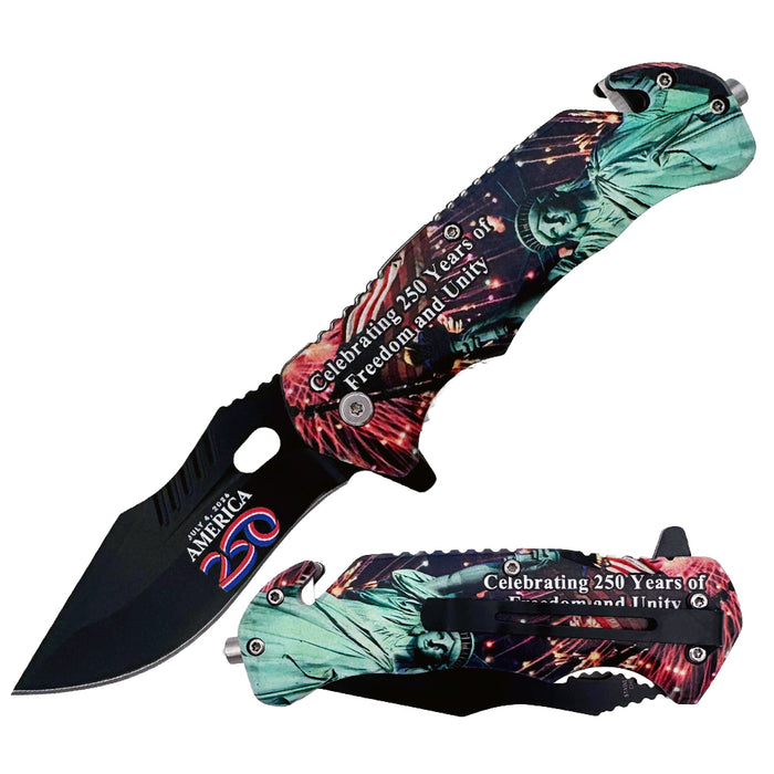 US 2916-3 4.75" USA 250 Statue of Liberty Rescue Knife with Belt Cutter, Glass Breaker, Belt Clip
