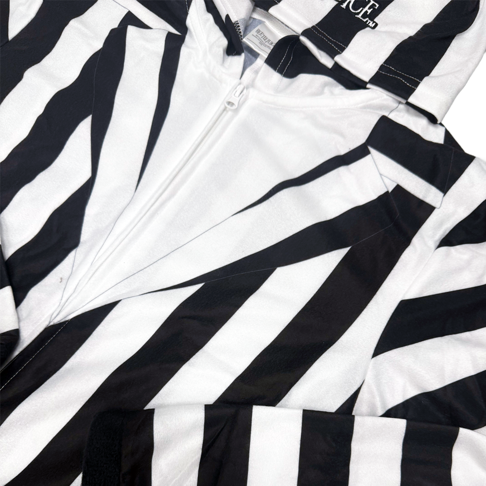 Men's Beetlejuice one-piece pajama set with hood from Bioworld, featuring a comfortable union suit design and Beetlejuice-themed details.