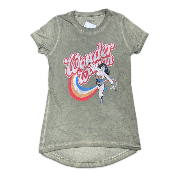 Women Junior's Green Distressed Wonder Woman Graphic Tee T-Shirt