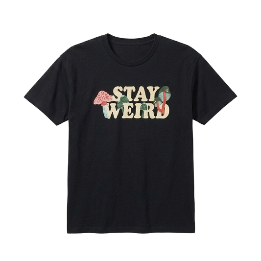 Plus size women's graphic T-shirt by Bioworld featuring a whimsical mushroom design on a Stay Weird themed tee.