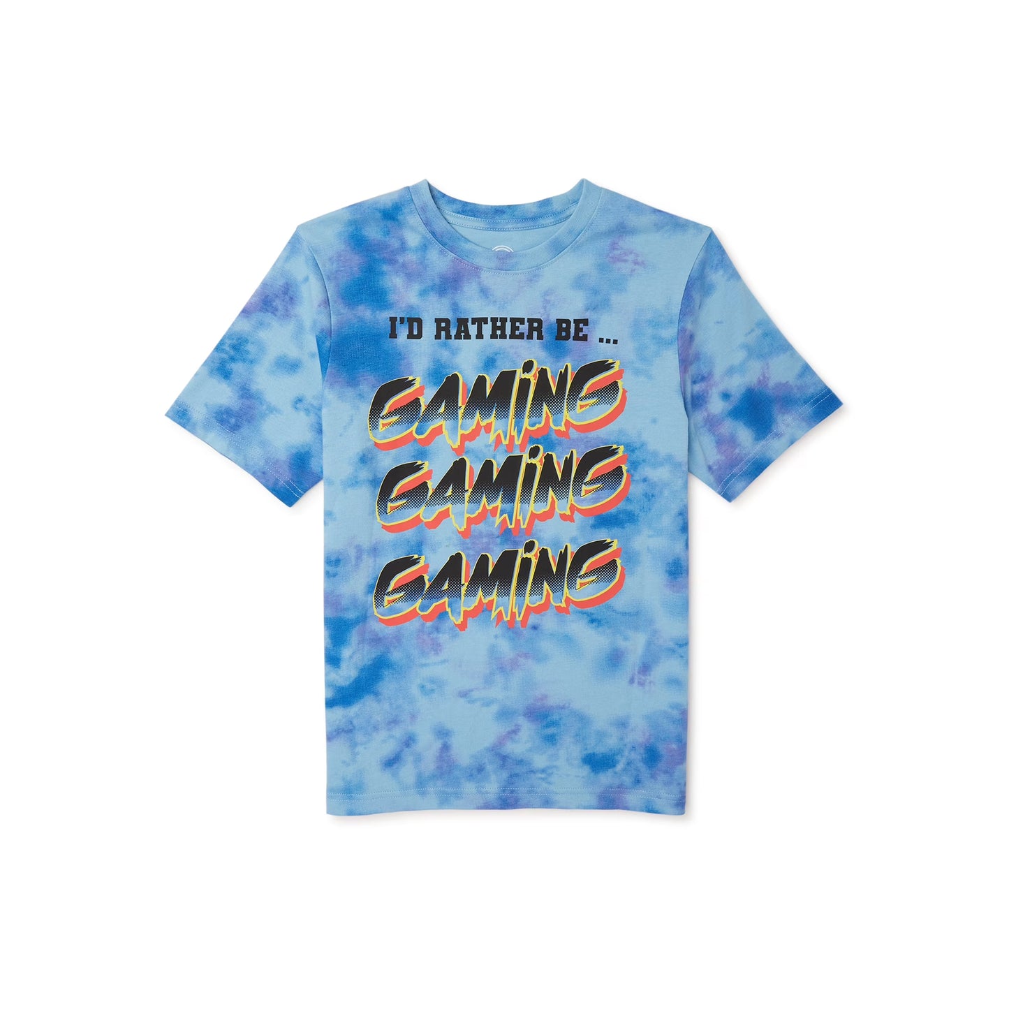 Boy wearing Wonder Nation boys' graphic T-shirt with "I'd Rather Be Gaming" design, short sleeves and vibrant print.