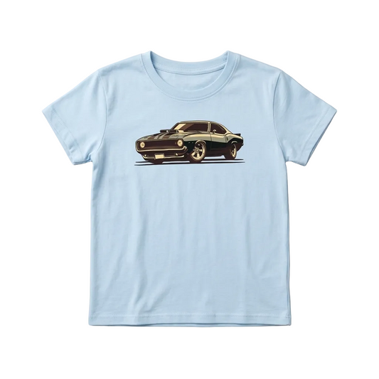 A light blue short-sleeve crewneck t-shirt featuring a graphic print of a black muscle car with gold accents, displayed flat against a textured light gray background.