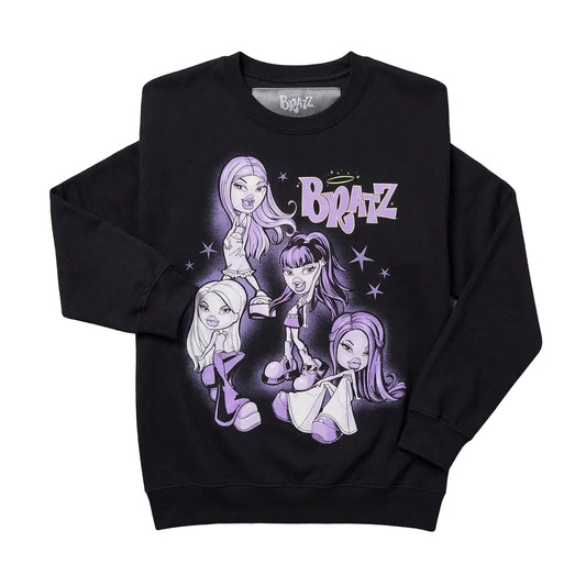 Black sweatshirt with Bratz graphic design on a gray background with purple shoes and accessories.