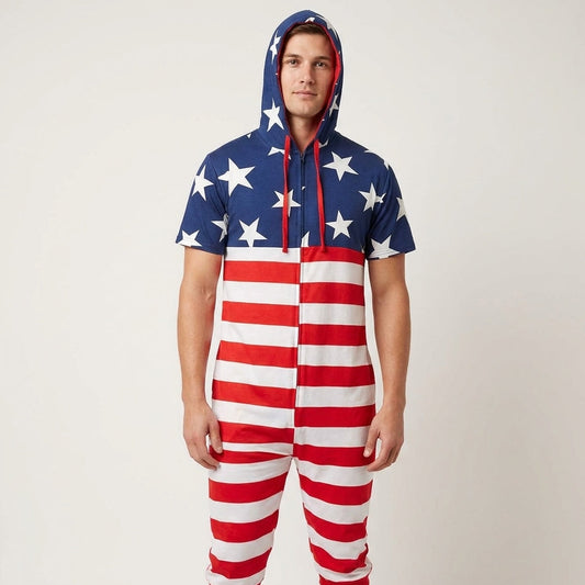 Men's American Flag Hooded Cropped Union Suit Pajama
