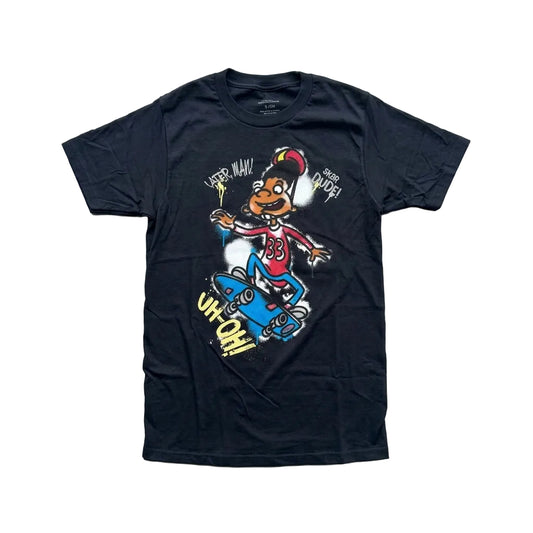 Black t-shirt with a colorful graphic design on a gray surface