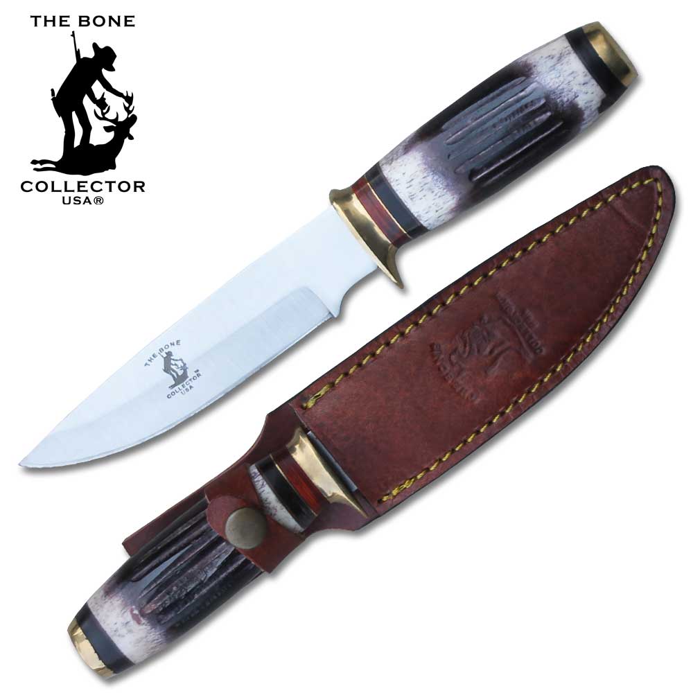 BC 798 10" Bone Collector Round Bone Handle Hunting Knife with Leather Sheath