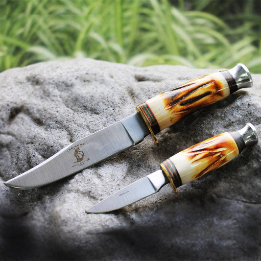 Bone Collector BC 815 hunting knife set with 8.5-inch and 4.5-inch blades, includes leather sheath, durable outdoor knives.