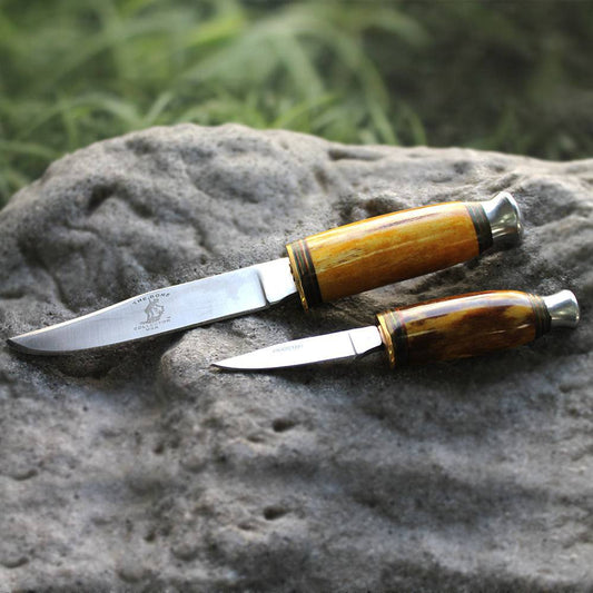 BC 815-YBN 8.5" & 4.5" Bone Collector Yellow-Bone Two Piece Hunting Knife Set with Leather Sheath - Rex Distributor, Inc. Wholesale Licensed Products and T-shirts, Sporting goods,