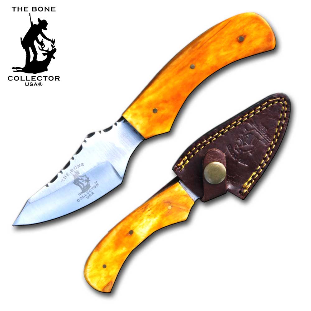 Bone Collector BC 852 6.5-inch orange bone handle skinning knife with leather sheath, designed for hunting and outdoor use.