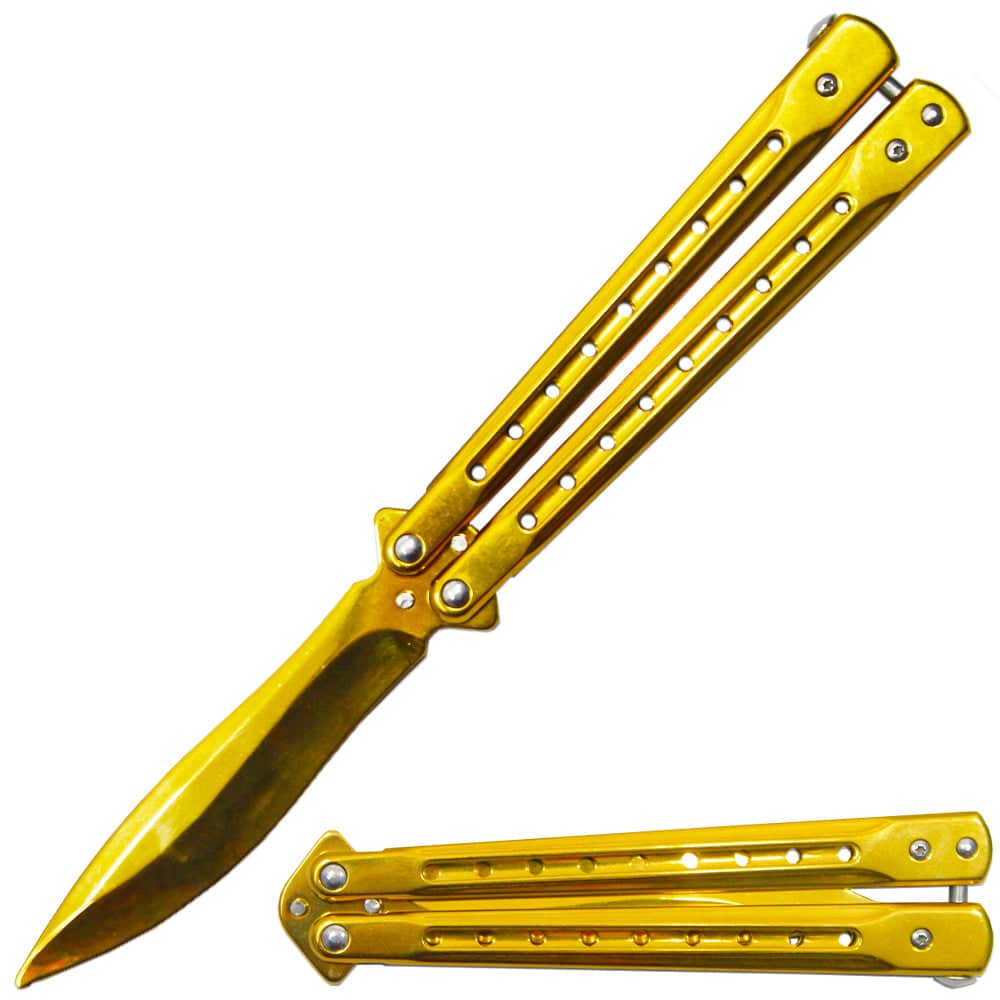 Gold metal handle butterfly trainer knife with dull blade, Rex Distributor BF 1697-GD, manual folding knife for practice and training.