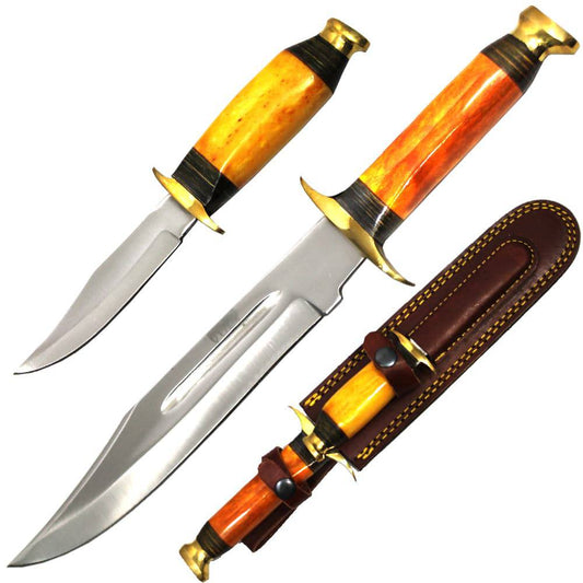 BC 2011-11YBN 13.5" & 8" Bone Collector Yellow Bovine Bone Handle Hunting Knife Set with Leather Sheath