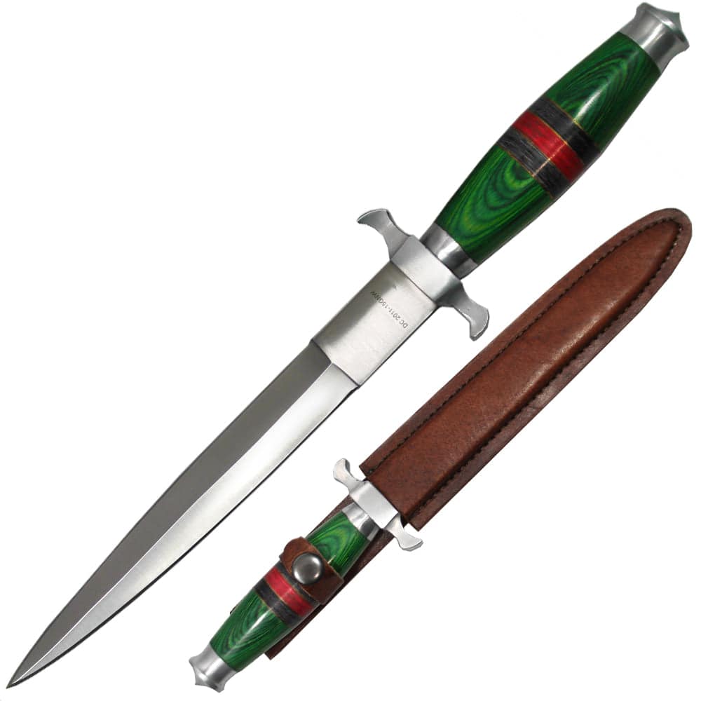 Deer Creek 13-inch green wood handle commando hunting knife with leather sheath, sturdy and sharp for outdoor use.