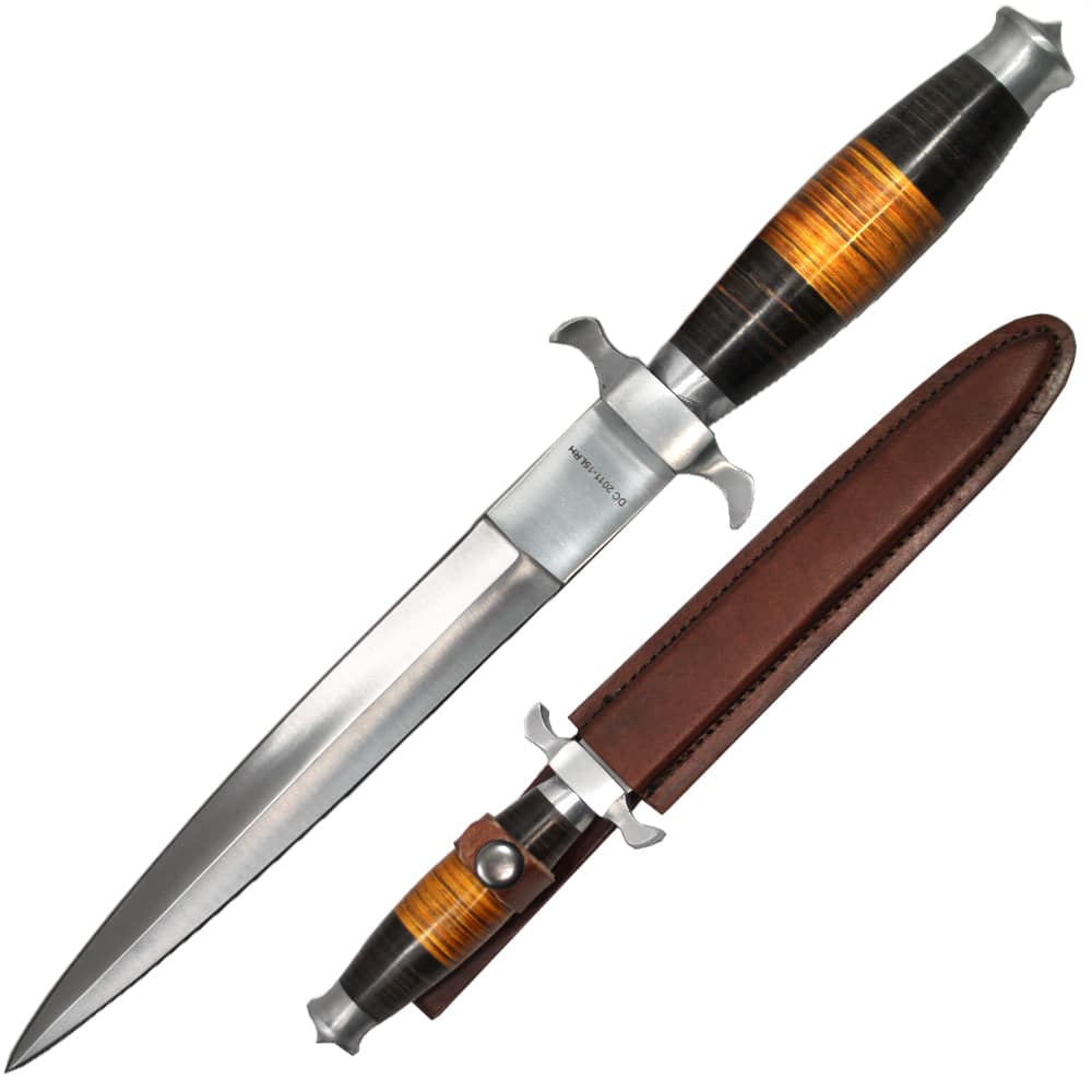 Deer Creek 13-inch hunting commando knife with dark wood handle and leather sheath, perfect for outdoor survival and tactical use.
