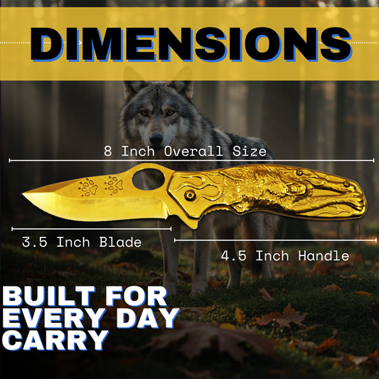 DK 5583-GD 4.5" Heavy Duty Gold Wolf Metal Handle Folding Knife with Belt Clip
