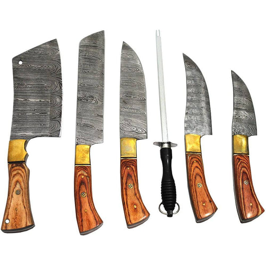 DM 001-5 5 Piece Damascus Kitchen Knife Set with Sharpening Rod & Leather Roll Carrying Case