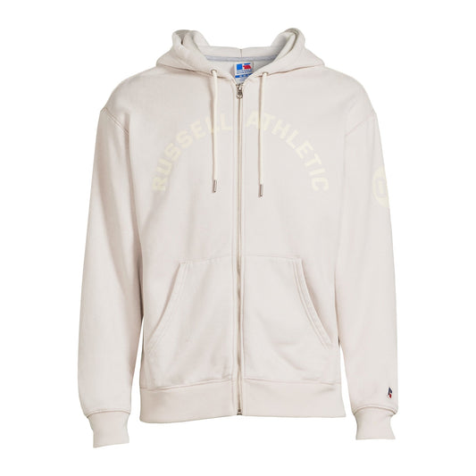 Men's Russell Athletic zip hoodie with arch graphic design, featuring a front zipper and comfortable fit.