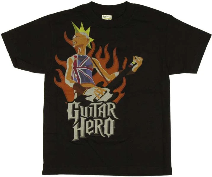 Men's Black Guitar Hero Johnny Flame Graphic Tee T-Shirt