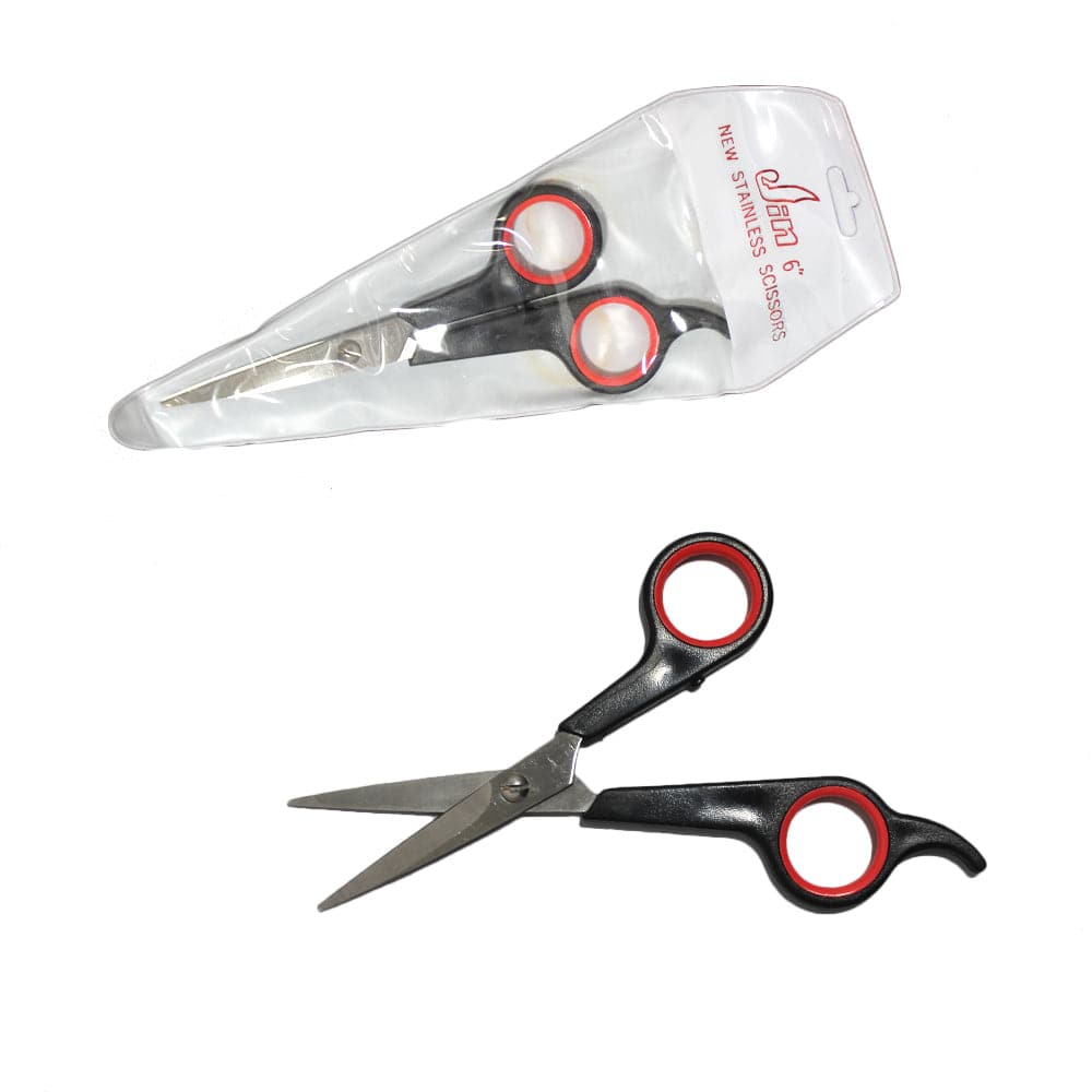 JD 9306S plastic handle scissors by Rex Distributor, Inc. featuring sharp blades and ergonomic 5-inch plastic handles.