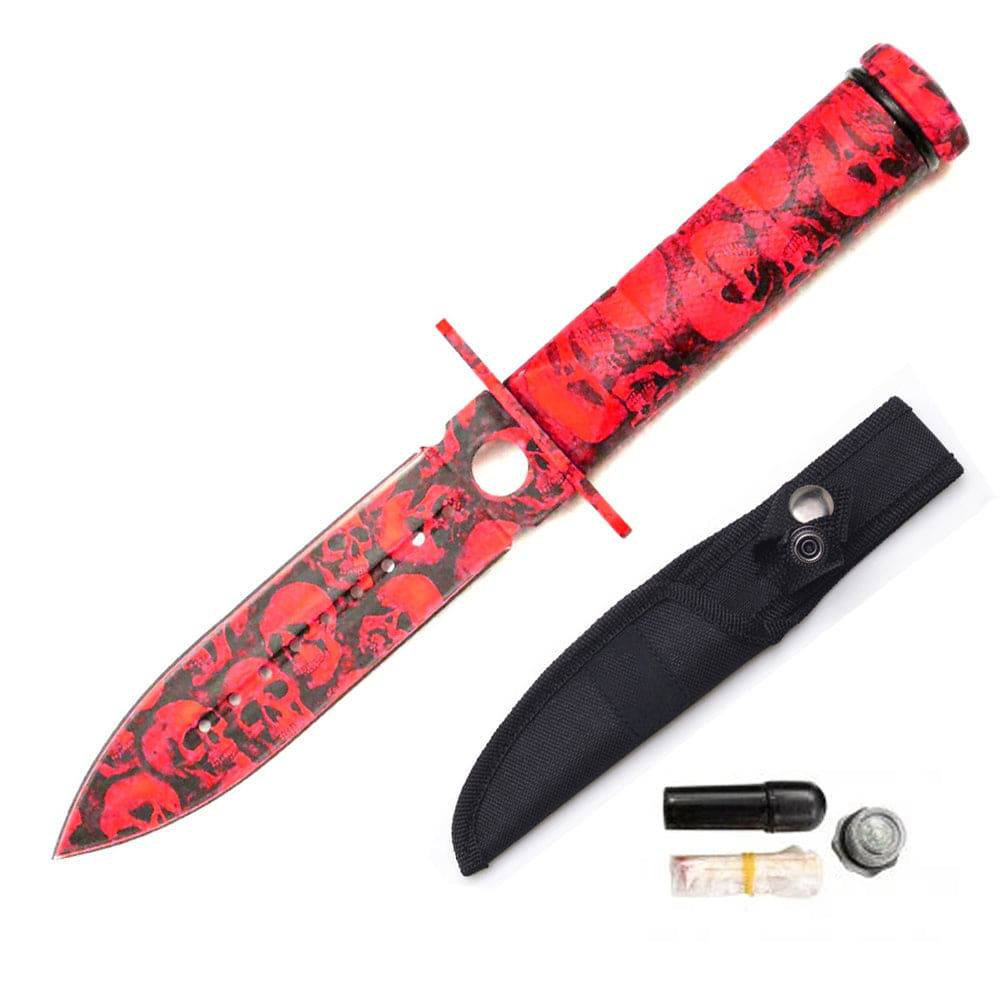 Red Zombie Skull Survival Knife by Rex Distributor with 8.5-inch blade and nylon sheath, rugged outdoor knife for survival use.