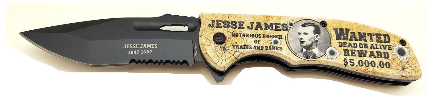 Rex Distributor Jesse James Legends of the West 4.5-inch spring-assisted folding tactical knife with detailed handle design