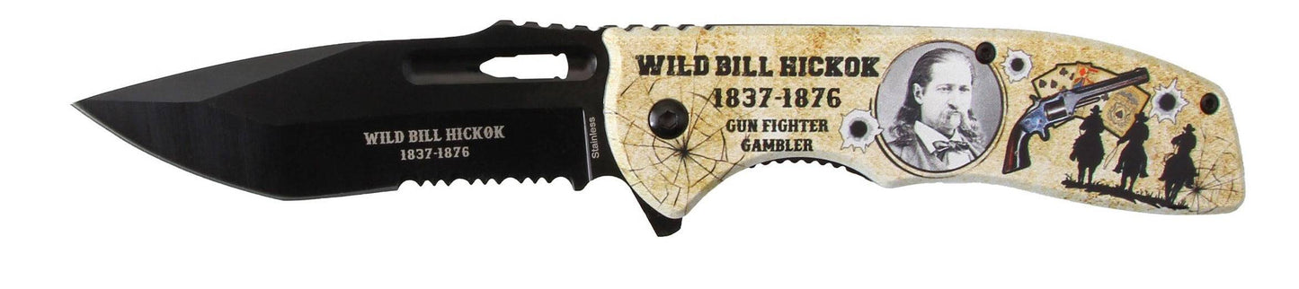 Rex Distributor Wild Bill Hickok Legends of the West 4.5-inch spring-assisted folding tactical knife, open blade with handle and design.
