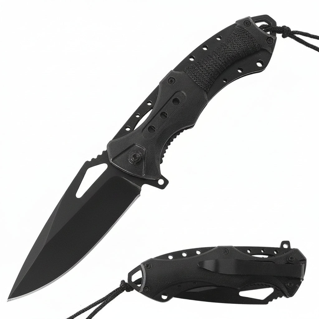 Rex Distributor RT 7022-BK black serrated blade assist-open ABS folding tactical knife with paracord handle, closed position.