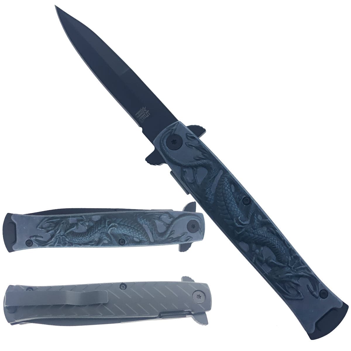 Black embossed dragon folding pocket knife from Rex Distributor, Inc., spring assisted tactical knife with open assist mechanism.
