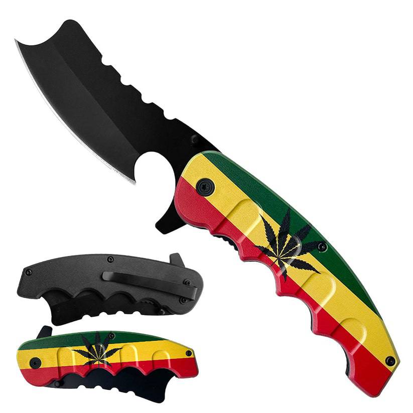 Rex Distributor spring assisted tactical knife with 5-inch marijuana flag handle and axe blade design for outdoor and self-defense use.