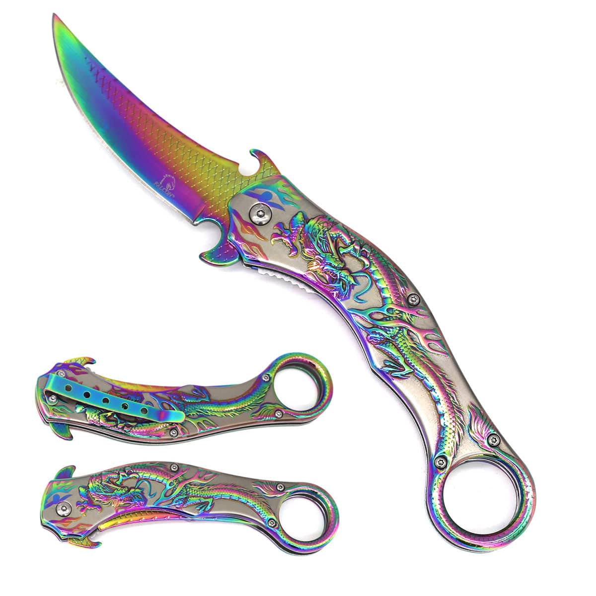 Rainbow Dragon assist-open folding knife by Rex Distributor, Inc., featuring a 5-inch blade and tactical spring-assisted design.
