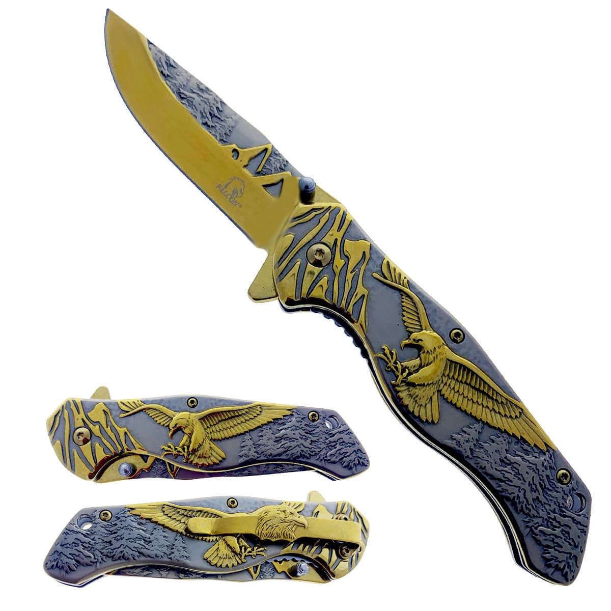 KS 3778-GD 4.75" Titanium Gold Eagle Mountain Range Assist-Open Pocket Knife - Rex Distributor, Inc. Wholesale Licensed Products and T-shirts, Sporting goods,