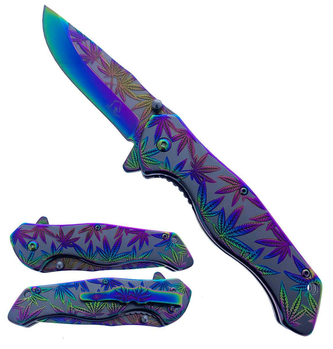 Rex Distributor KS 3779-RB 4.75-inch titanium rainbow marijuana leaf pocket knife, spring-assisted tactical folding knife.